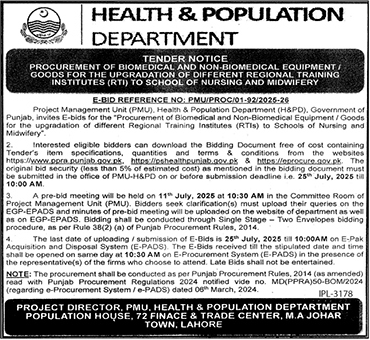 Health & Population Department Lahore Tender Notice
